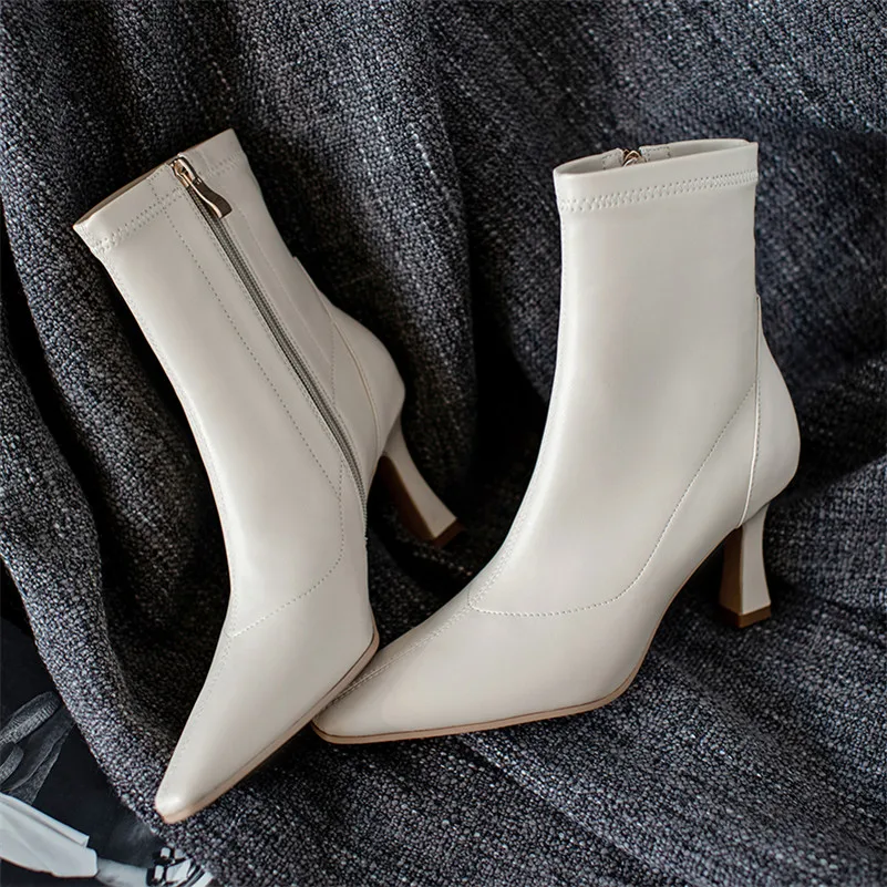 

ANNYMOLI Short Boots Women Shoes Zipper High Heel Stretch Boots Pointed Toe Stiletto Heels Ankle Boots Ladies Autumn Winter 40