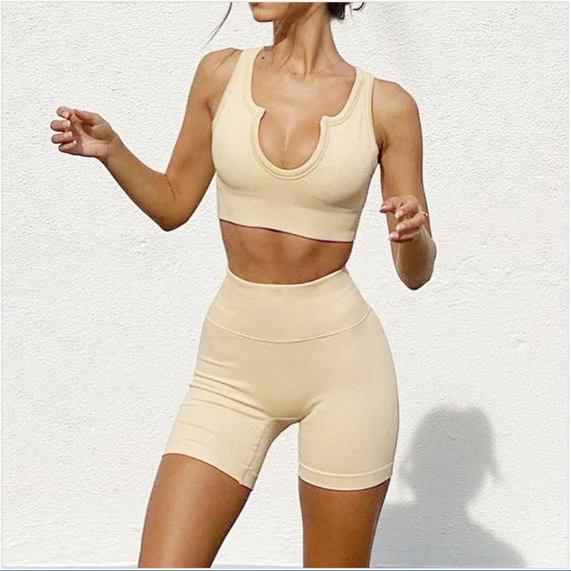 

Summer new seamless V-neck sports underwear fitness top quick drying thickened stripe Yoga short sleeve Shorts Set women