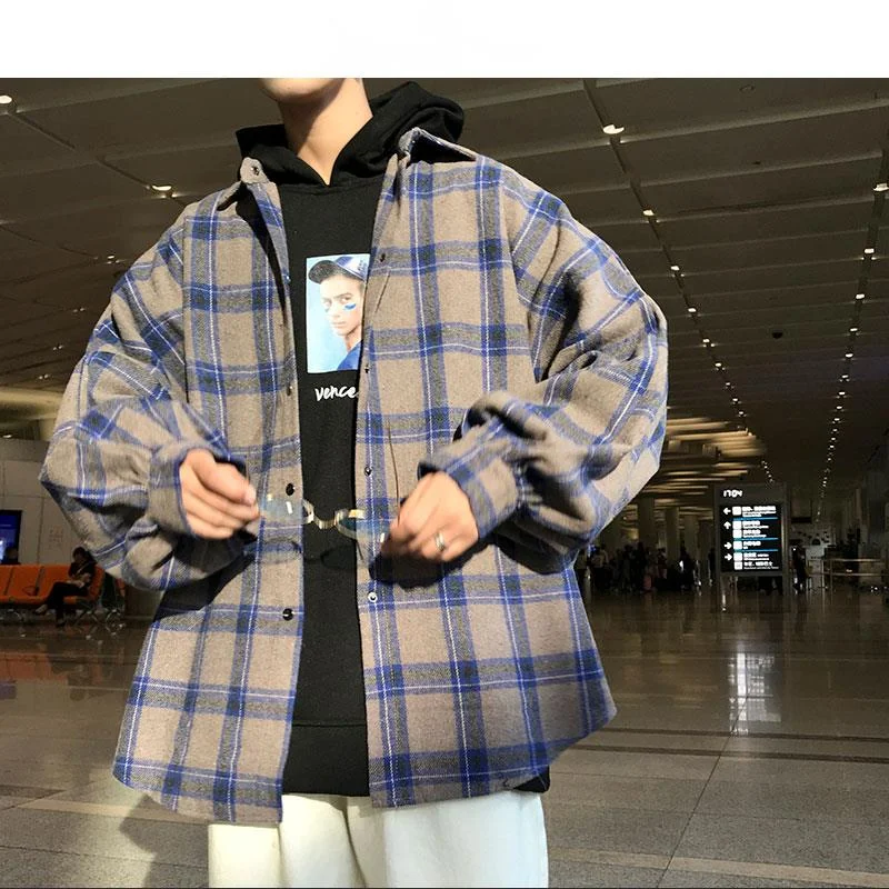 

Men Harajuku Color Block Plaid Shirt 2021 Mens Streetwear Thick Shirts Long Sleeve Male Vintage Korean Fashions Clothes