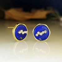 fashion new blue stone button stud earrings vintage exquisite gold plated shiny white diamond earrings womens daily jewelry
