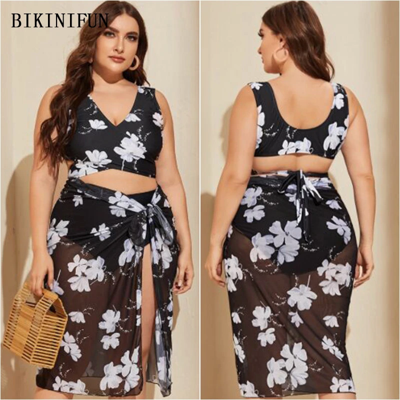 

New Floral Print Swimsuit Women Cross Chest Beachwear Plus Size Swimwear XL-4XL Girl High Waist Bathing Suit 3 Pieces Bikini Set