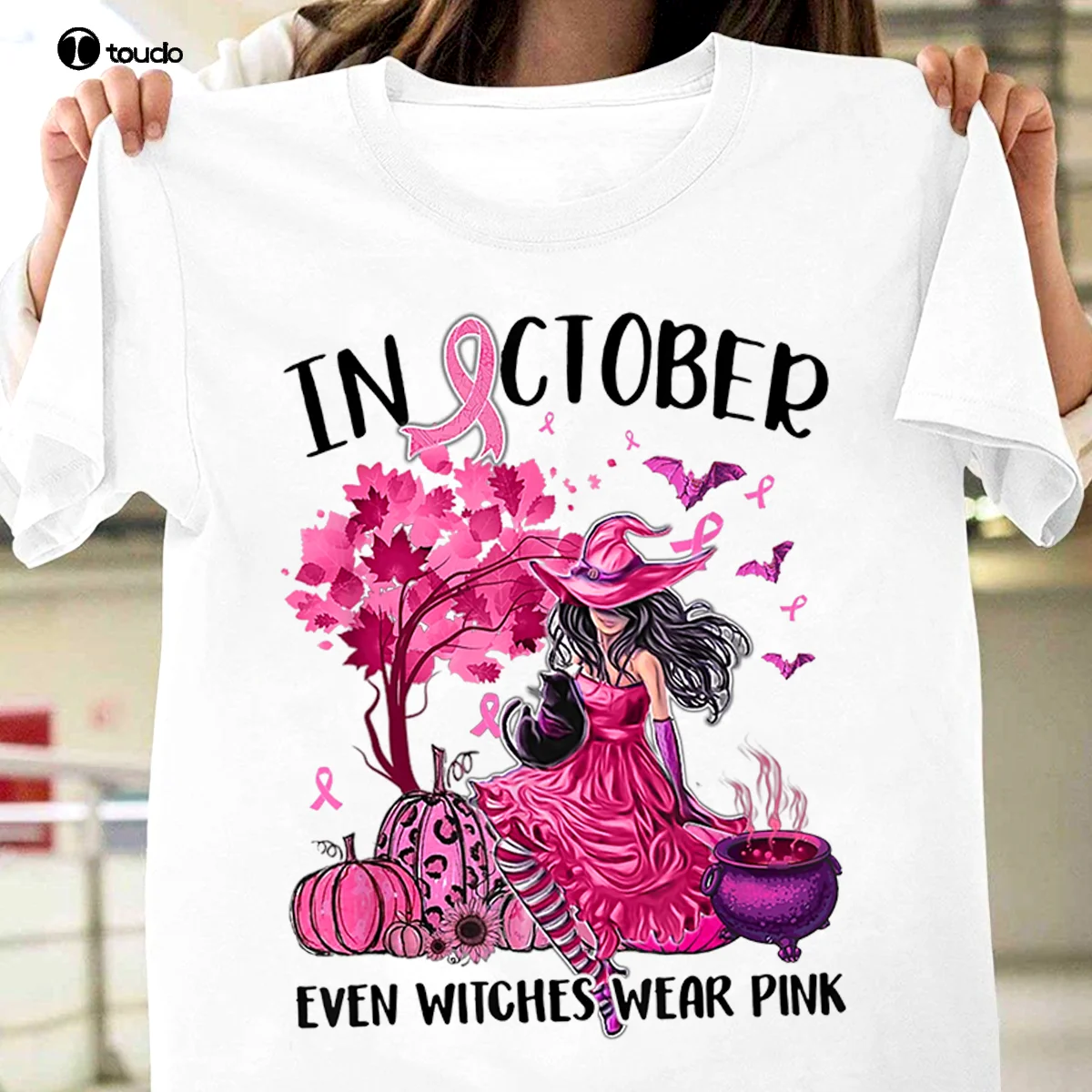 

In October Even Witches Wear Pink Autumn Fall Breast cancer Halloween T-Shirt
