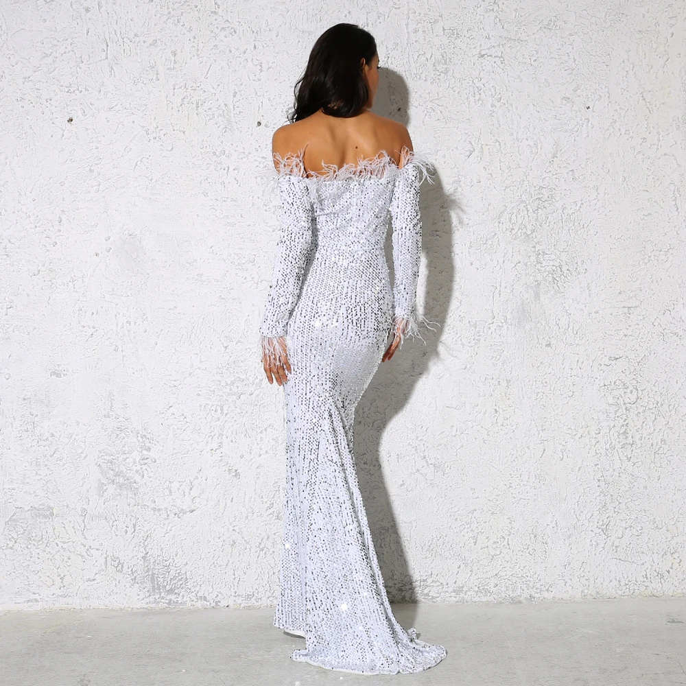 Шикарное блестящее белое вечернее платье с блестками и перьями Вельветовое