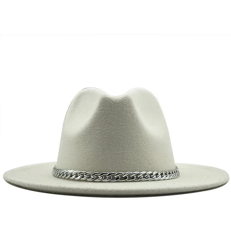 

Wide Brim Quality Fedora Hat Women Men Imitation Wool Felt Hats with Metal Chain Decor Panama Fedoras Chapeau Sombrero 58-60CM