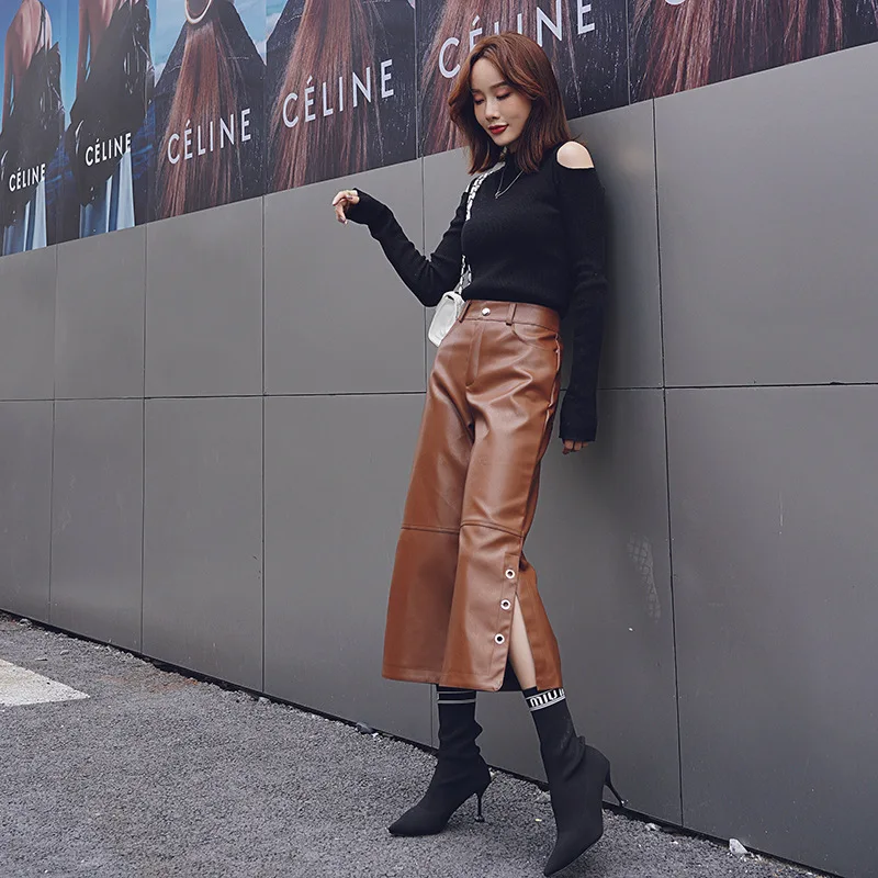 

New 2021 Spring Women PU Leather Pants High Waist Faux Leather Ladies Trousers Winter Pants Brand Wide Leg Pants