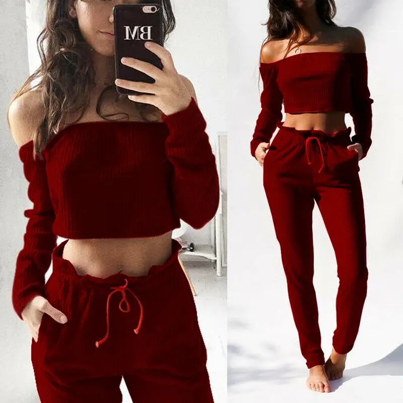 

Women Ruffle Crop Top Long Sleeve Off Shoulder Short Tops Solid Color Long Pants Set Two Piece Outfits Jumpsuit Casual Clothes