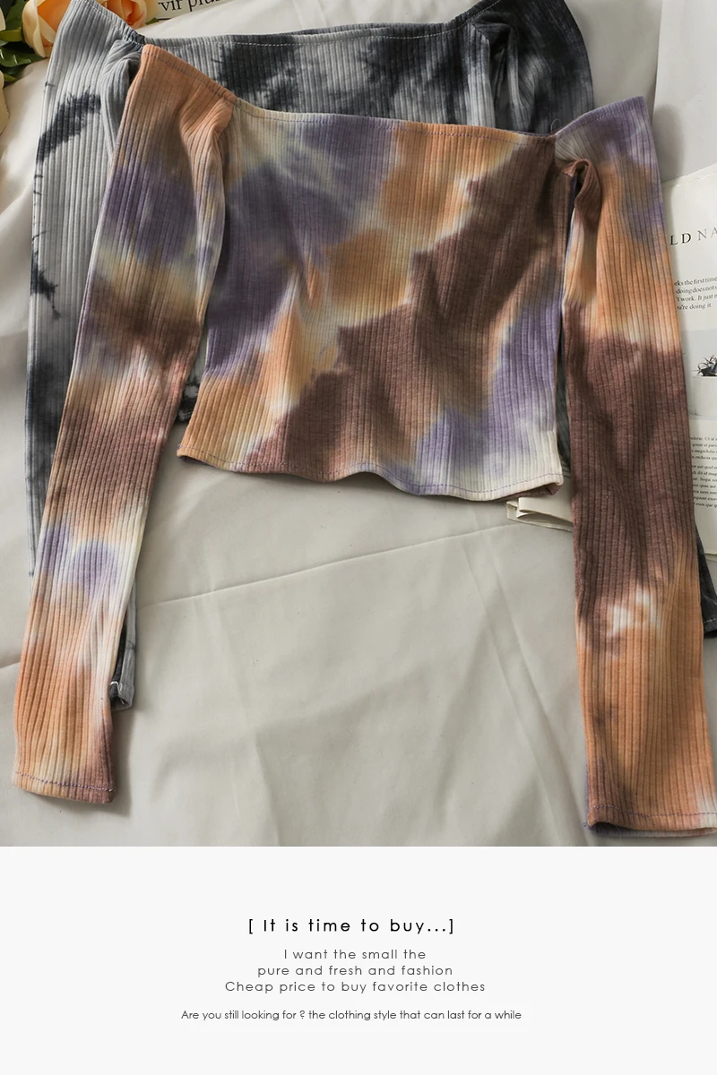 

Hyuna-style one-line collar exposed clavicle short slim-fit T-shirt women's summer slimmer gradient color long-sleeved top