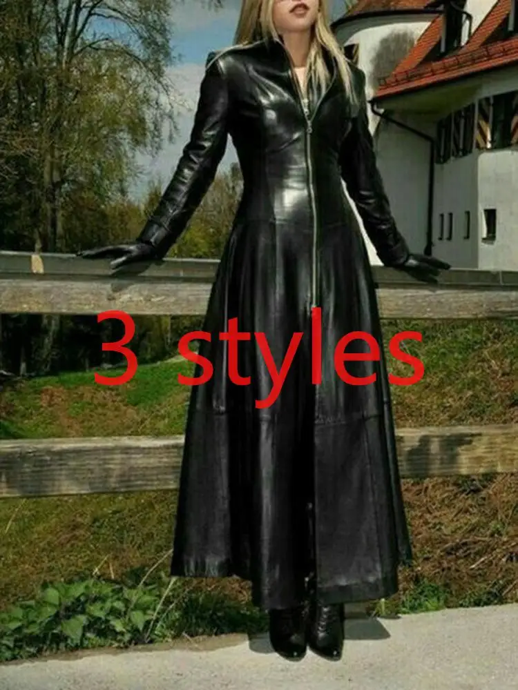 

Женский Длинный тренчкот из искусственной кожи, свободный тренчкот из искусственной кожи на молнии с воротником-стойкой и длинным рукавом, ...