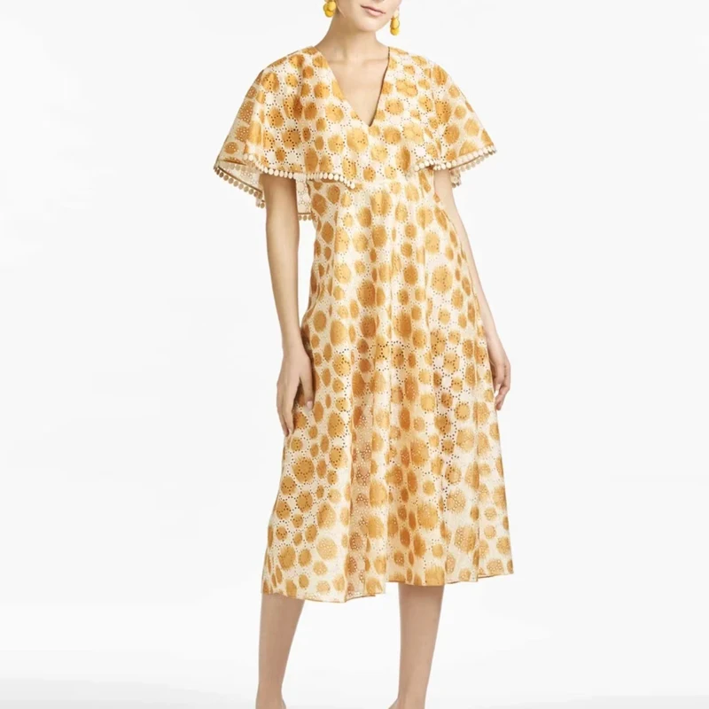 

2021 летнее модное Открытое платье с v-образным вырезом, с принтом в горошек, с рукавами-плащами, элегантные женские желтые платья