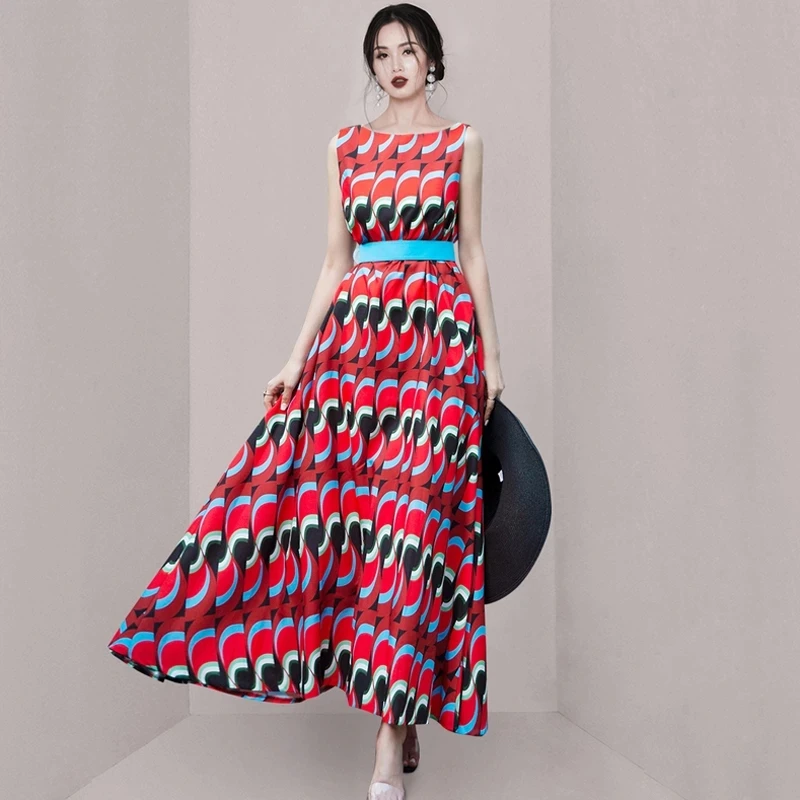 

New Summer Women Bohemia Print Sleeveless Maxi Dresses 2021 Korean Loose Big Swing A-LIne Dress Vintage Party Vestidos With Belt