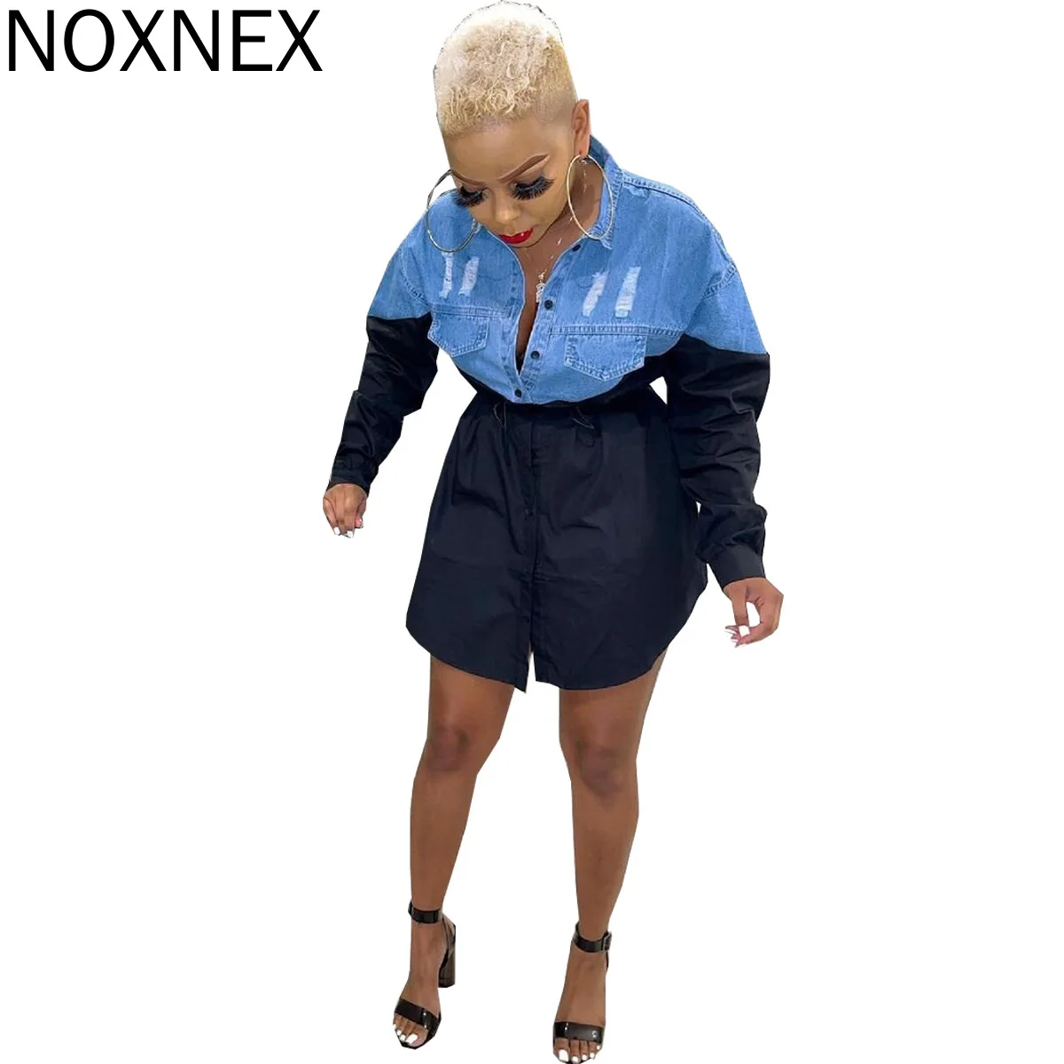 

NOXNEX 2021 Fall Clothes for Women Mini Dress Strap Patchwork Party Beach Night Club Wear Loose Dresses Vintage Denim Vestidos