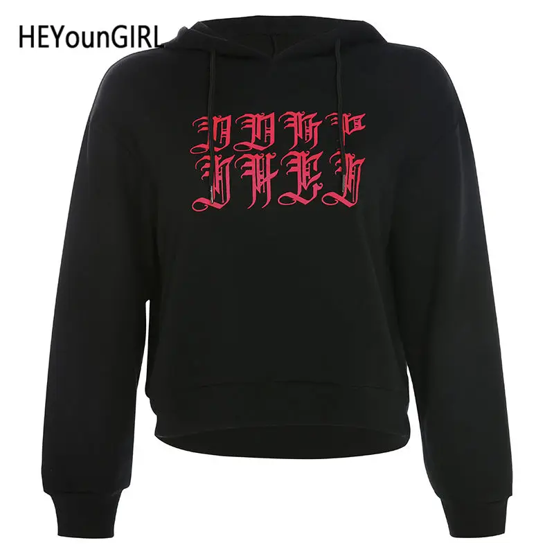 HEYounGIRL напечатаны Harajuku чёрное худи Женская Толстовка Повседневная Свободная Толстовка в стиле панк Женская Корейская толстовка с длинными рукавами Осень - Цвет: Черный