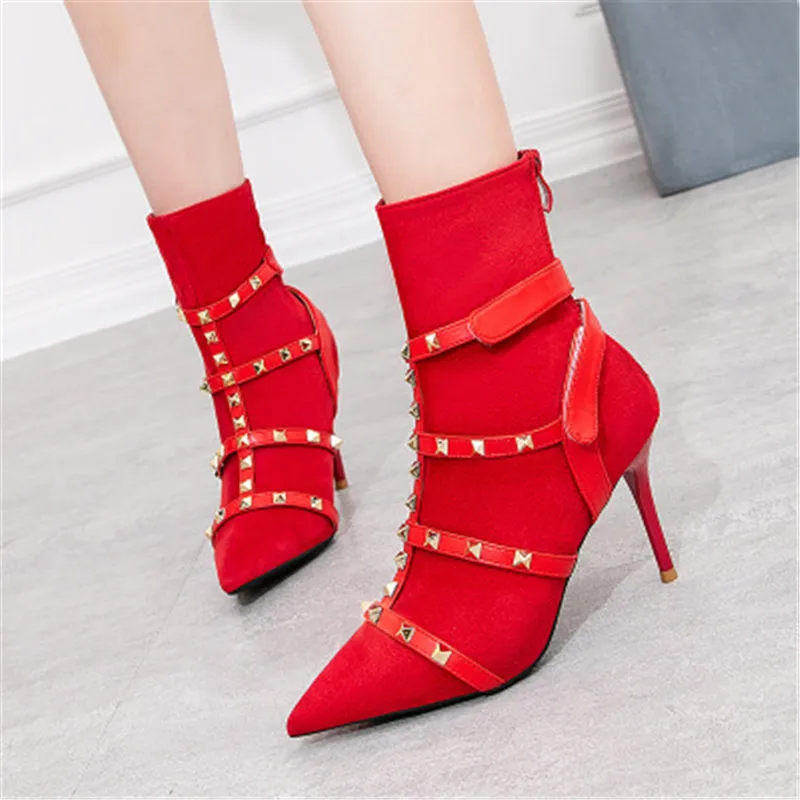 

2020 New Spring Autumn Fashion Rivets Belt buckle Women Ankle Boots Sexy Pointed toe Thin High heel Booties Casual Female Shoes