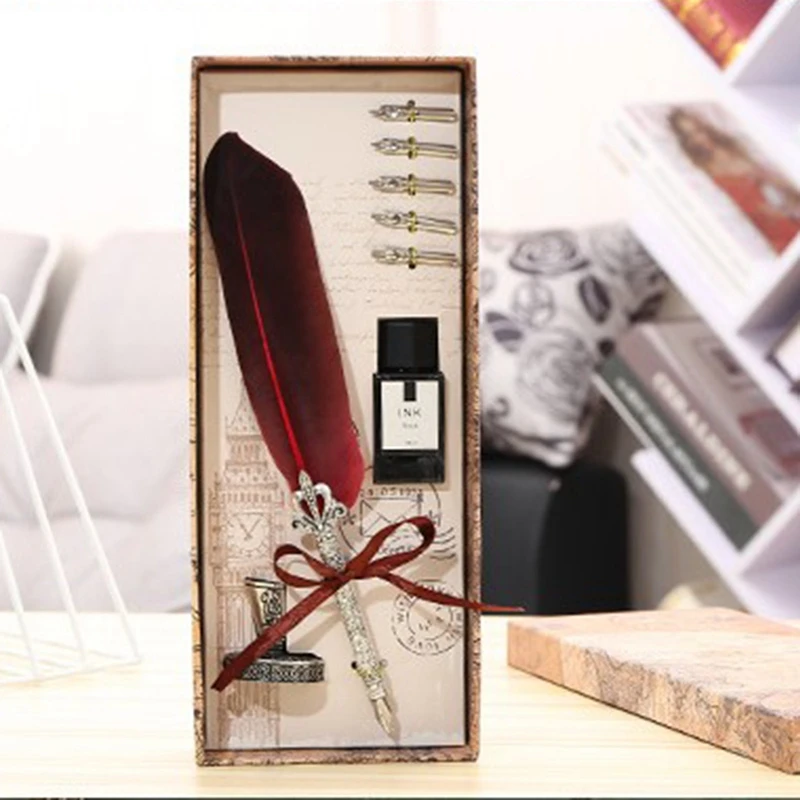 

Retro vintage calligraphy feather dip pen writing ink set stationery goose feather creative vintage fountain pen
