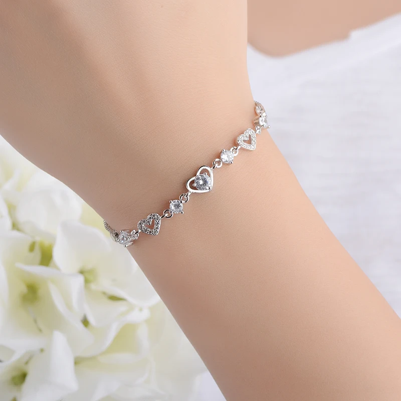 

Fashion 925 Sterling Silver Weave Heart Bracelets on Hand Zircon Bangles Bracelet For Women Wedding Vintage Jewelry Female