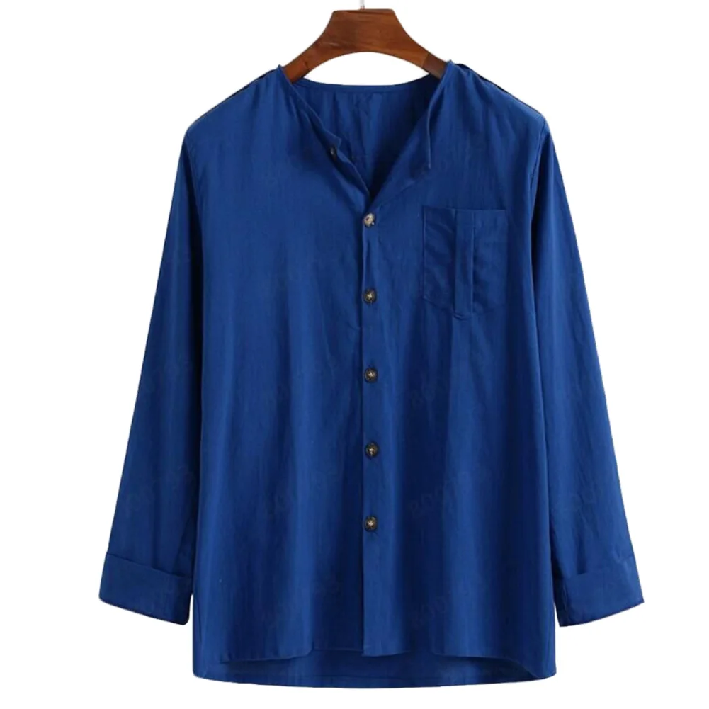 

Men Solid Color Button Down Long Sleeve Cotton Linen Loose Shirt Blouse Top