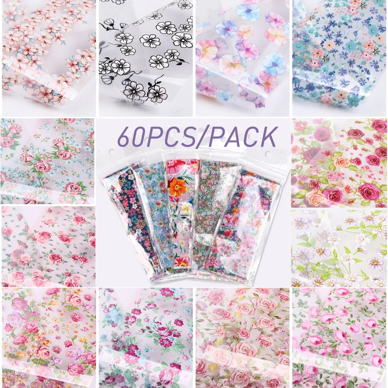 60 шт смешанные цвета Фольга для ногтей цветок переводная наклейка из фольги DIY