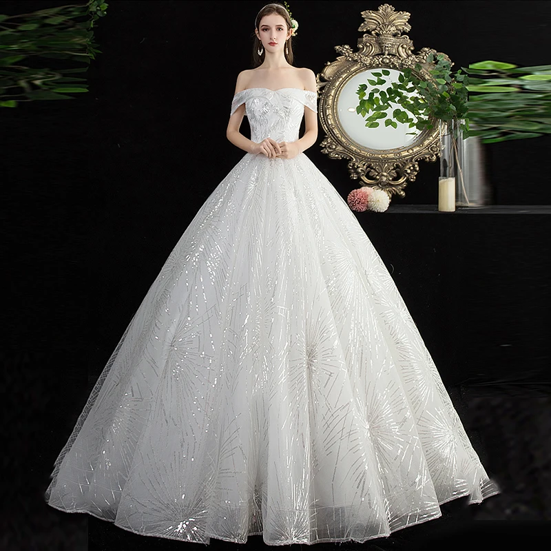 

Wedding Dresses Illusion V-Neck Short Backless Tulle Lace Sequined Off The Shoulder Luxury White Vintage Women Bridal Gown GB529
