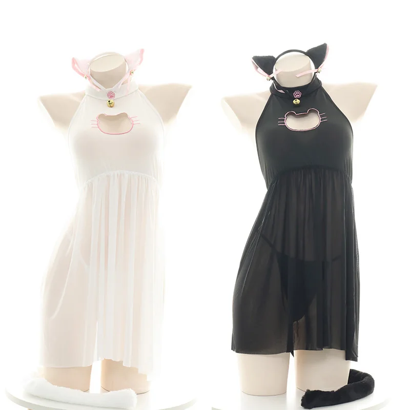 

Cute Semipermeable Cat Maid Dress Uniform Suit Chiffon Embroidery Hollow Out Sexy Pajamas Homewear Sleepwear Cosplay