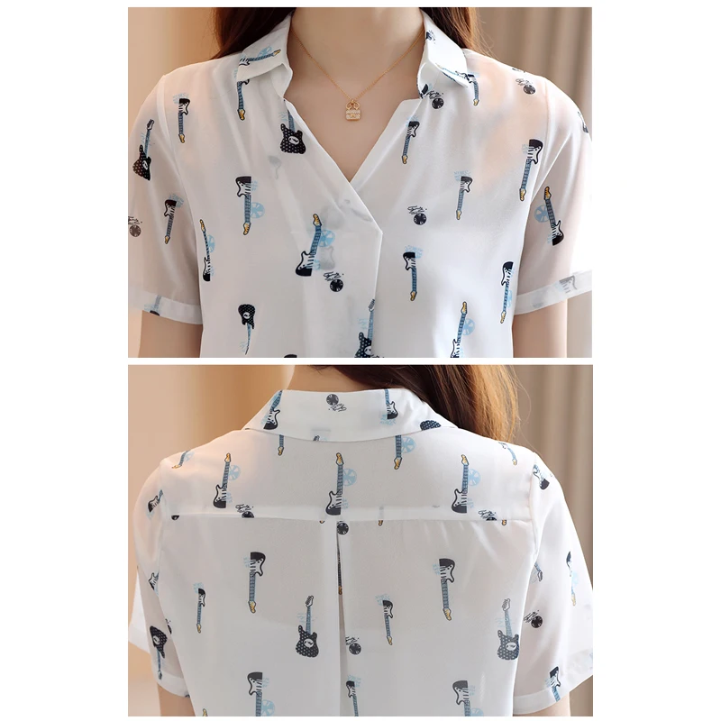 

2020 Summer New Style V-neck Printed Slimming Chiffon Shirt Loose Women Tops Short Sleeved Fresh Elegant Chiffon Shirt 8769 50