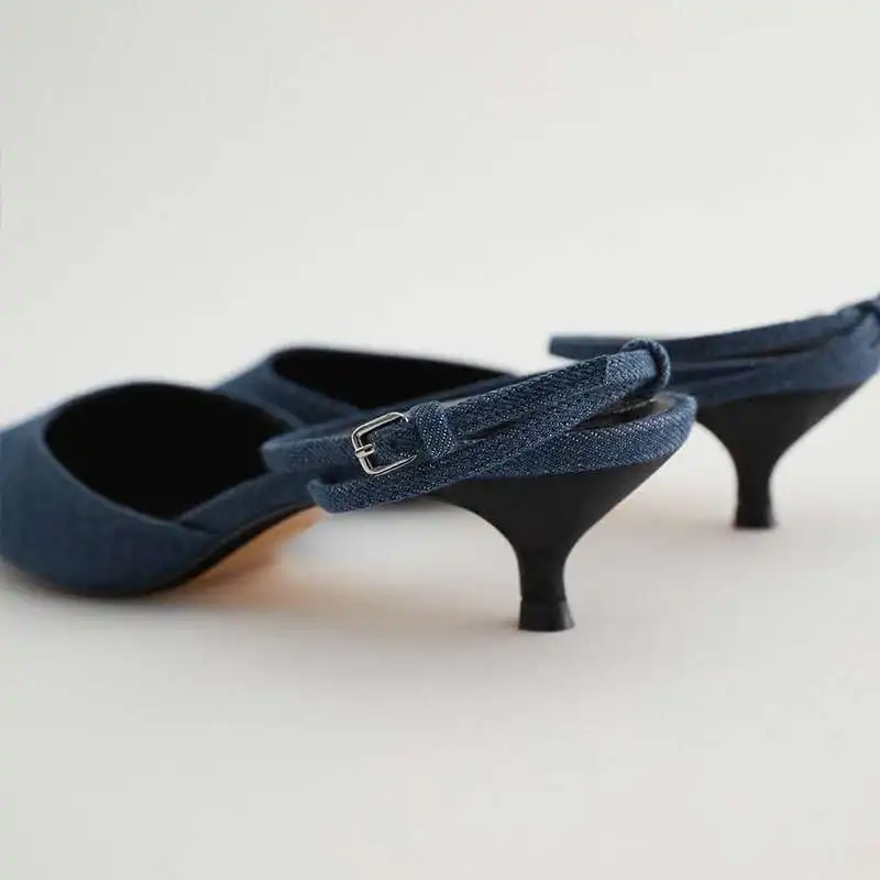 

Female Shoes Ladies' Slippers Cover Toe Beige Heeled Sandals Shallow Low Med 2021 Black Soft Pointed Thin Denim Rome Basic Fabri