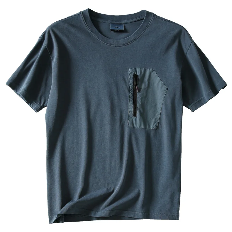 

ET2104 New Arrival Summer 3D Pockets T-Shirt For Men Zipper Cotton Solid Color o-Neck Casual Loose Short-Sleeved Male Clothing