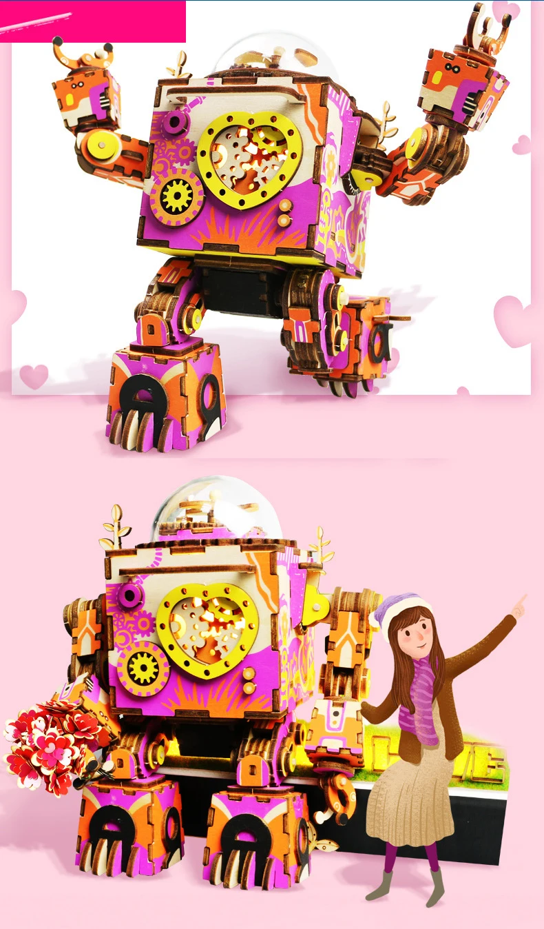Diy Music Box Three-Dimensional Puzzle Wooden Toy Creative Space Series Model Robot Music Box Gift Double Color Optional
