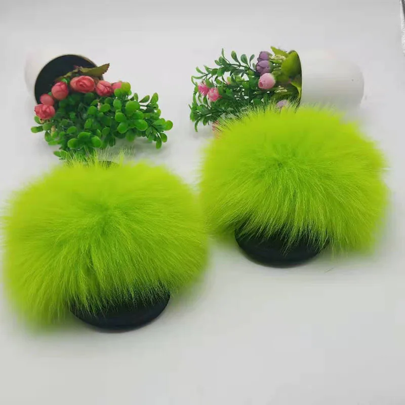 Fluorescent green ; Шлепанцы из натурального Лисьего меха; женские/мужские пушистые сандалии; женские шлепанцы с мехом; женские шлепанцы из лисьего меха; большие размеры - Цвет: Fluorescent green