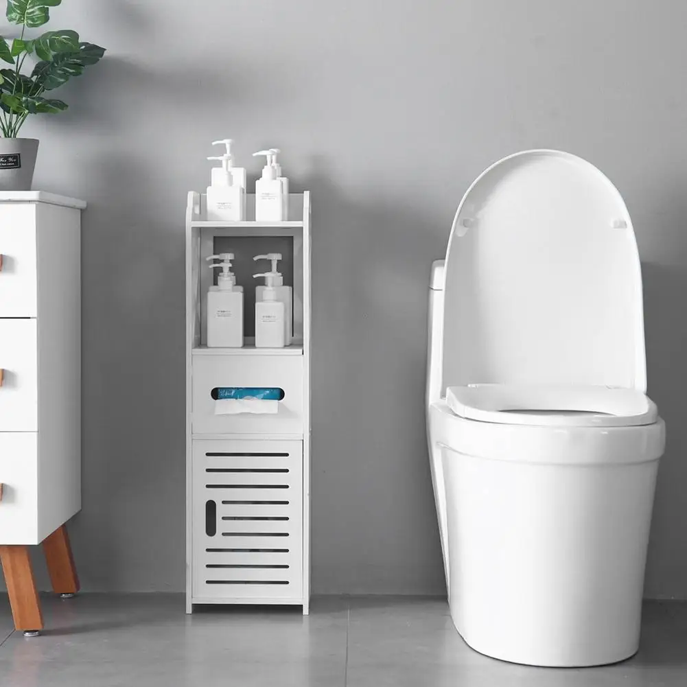

3-Tier Bathroom Storage Cabinet PVC Toilet Furniture Shelf with 2 Doors