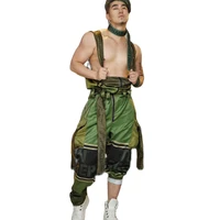 green strap jumpsuits pockets sashes decoration personality performance costume nightclub dance show wear men stage outfit
