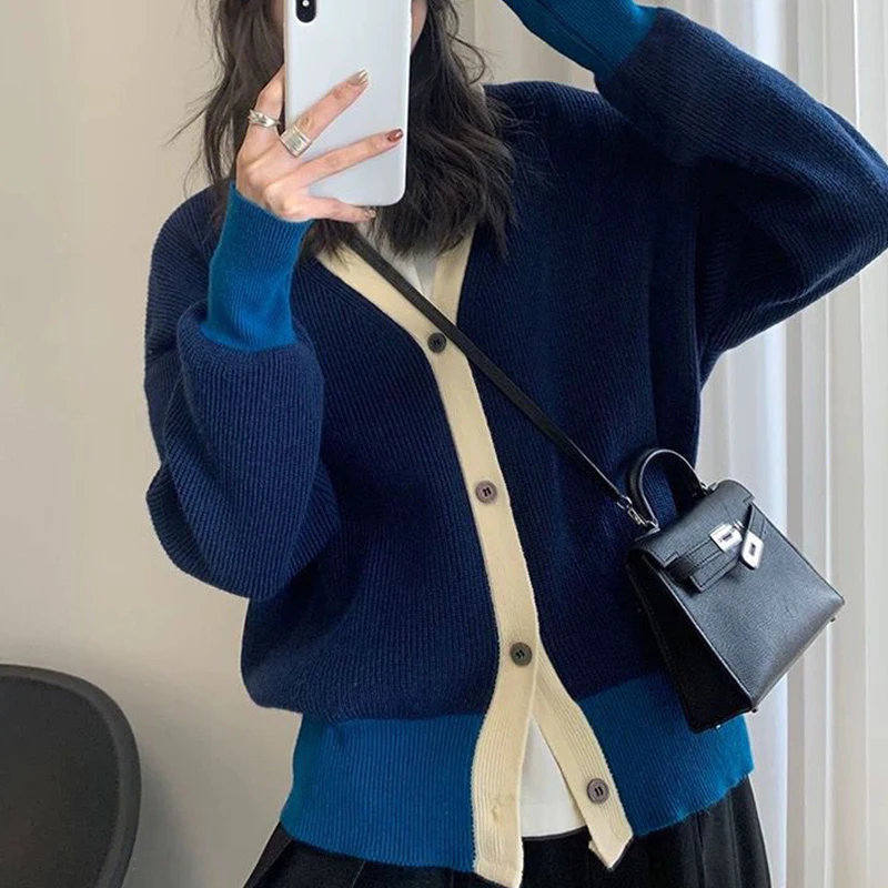 

Корейский модный вязаный свитер для колледжа, женские кардиганы, осень 2021, простой свитер свободного кроя с V-образным вырезом, кардиганы, тр...