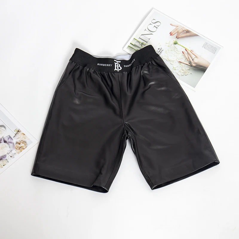Elastic waist casual shorts women Biker plus size black real leather high female 2019 fashion quality | Женская одежда