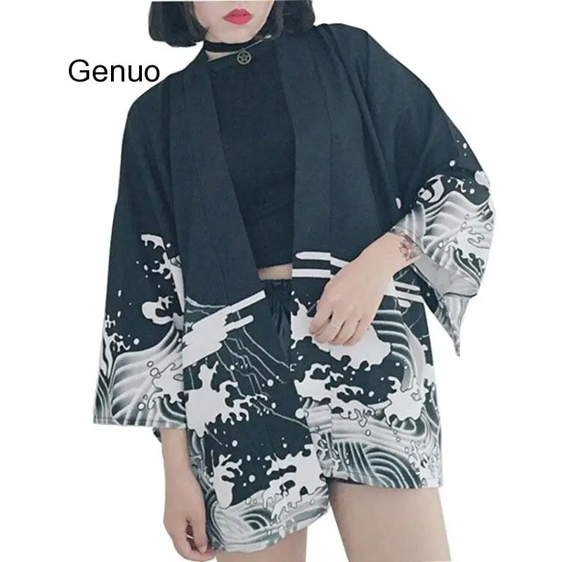 Винтажная блузка в японском стиле Харадзюку с принтом волны и ветра рубашки