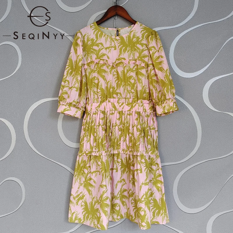

Женское платье с эластичным поясом SEQINYY, подиумное платье из 100% хлопка, винтажное розовое платье до колена с цветочным принтом, лето-весна