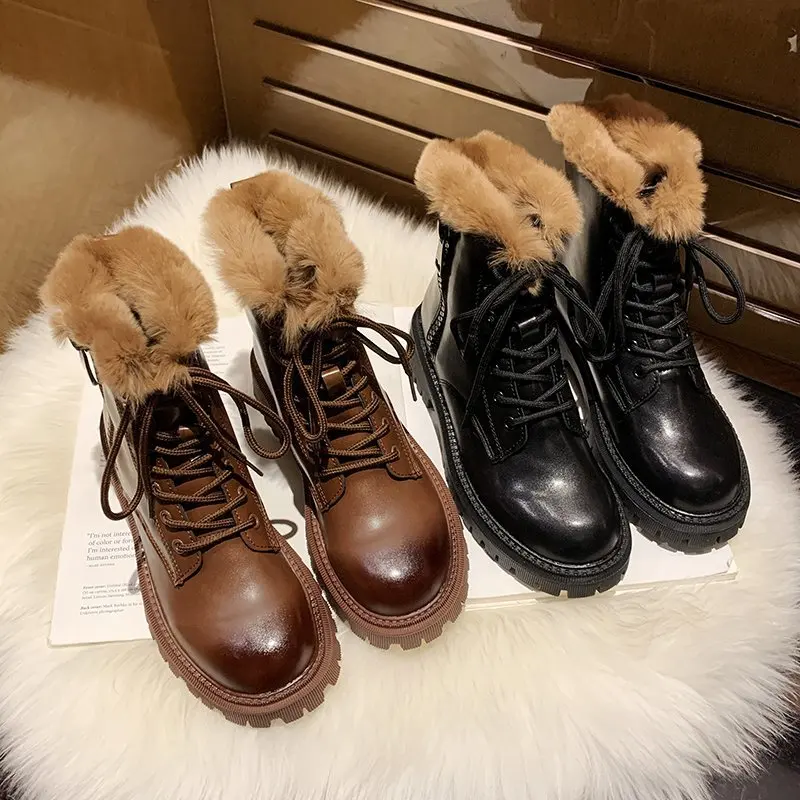 Women's Boots Black Brown Fashion Plush Boots PU Leather Ankle Boots Casual Warm Martin Boots Platform Boots Female Women Shoes