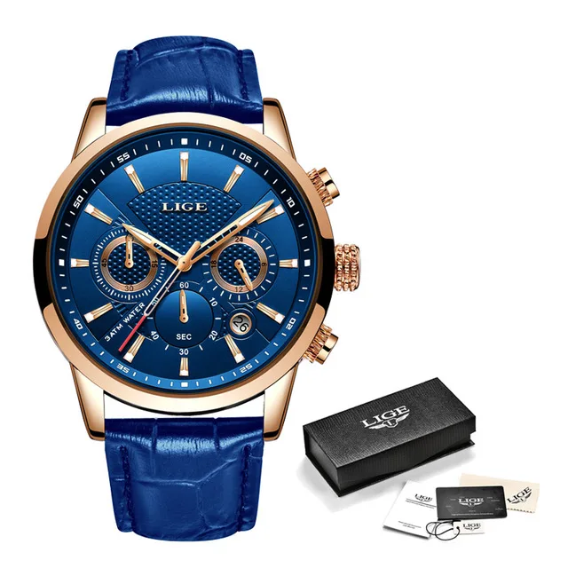 Leather gold blue LIGE новые часы мужские модные спортивные кварцевые часы мужские s часы брендовые роскошные кожаные бизнес водонепроницаемые часы Relogio Masculino - Цвет: Leather gold blue