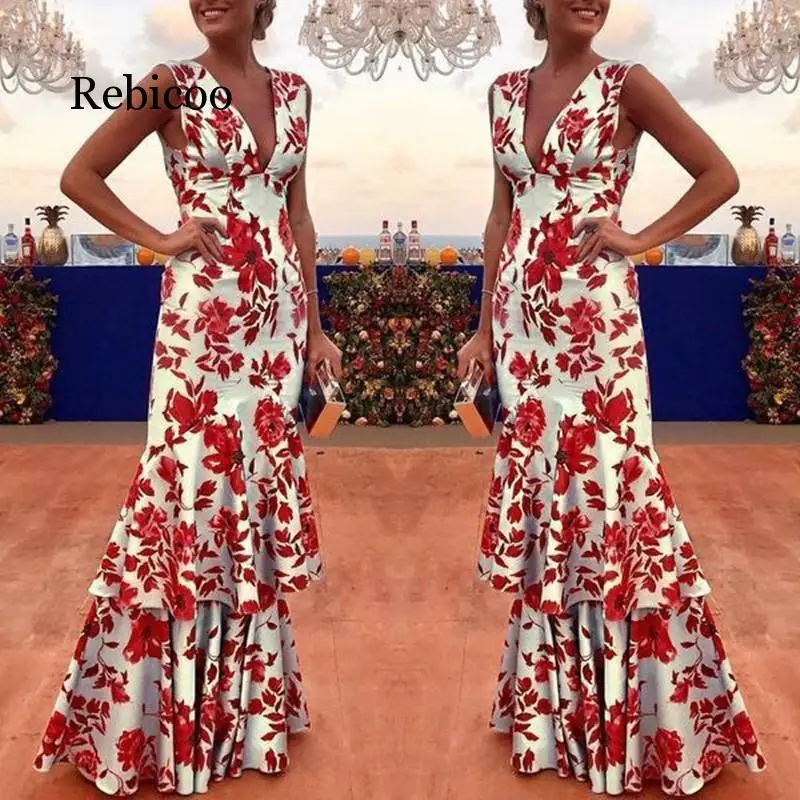 Винтажное летнее платье макси с глубоким v-образным вырезом и оборками на подоле