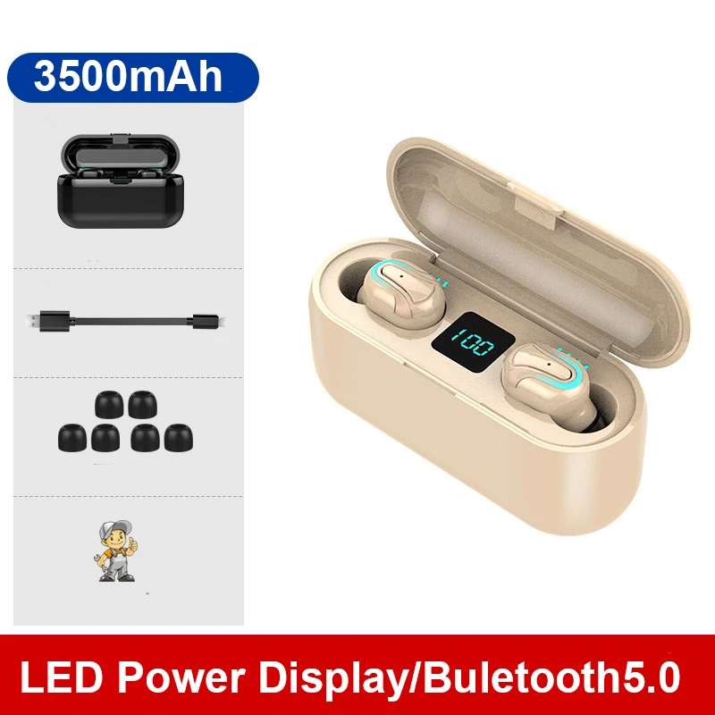 Gold TEBAURRY TWS V5.0 Bluetooth наушники беспроводные наушники мини беспроводные наушники 6D Hi-Fi стереогарнитура с внешним аккумулятором на 3500 мАч - Цвет: Gold
