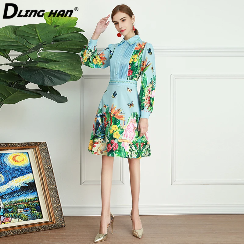 

DLINGHAN Fashion Floral Print Spring Dress Women's Turn-down Collar Long Sleeve Beading Ruched Dresses Designer New