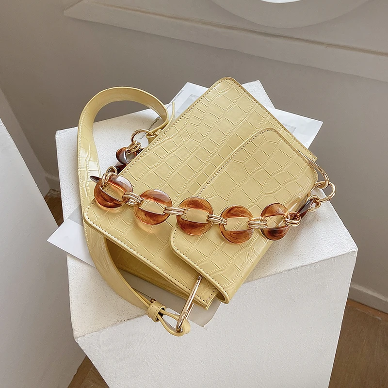 

Stone Pattern Tote Bag Thick Chain Underarm Bag 2021 Summer New Quality PU Leather Women's Designer Handbag Shoulder Bag