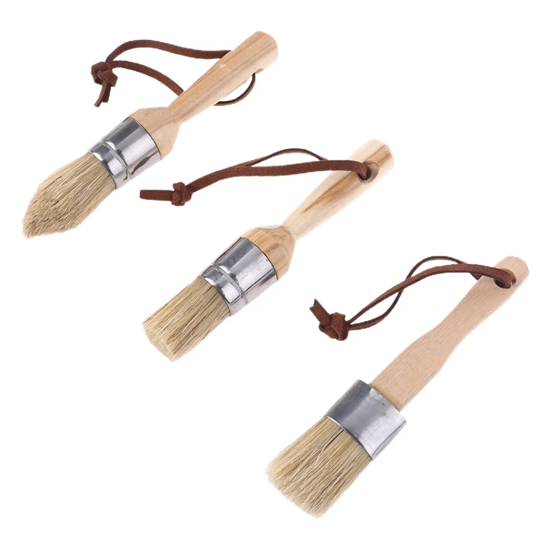 

HX5F 3 Pcs Round and Flat and Pointed Chalk Paint Wax Brush Wood Handle Bristle Brush