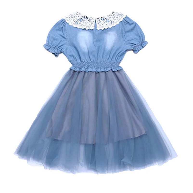 

Girls Dresses Stitching White Lace Hollow Collar Blue Denim Net Yarn Summer Fashion Dress with Bead Decoration