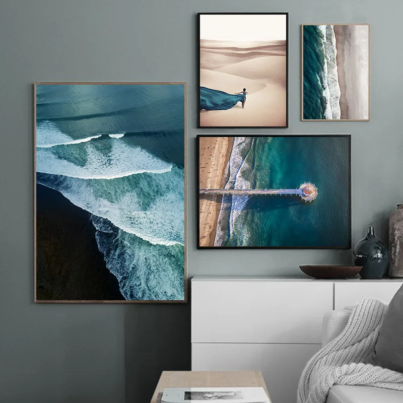 

Aerial View Blue Ocean Waves Pier Desert Wall Art Nordic Poster Canvas Painting Print Nature Landscape Pictures Home Decoration