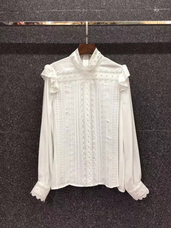 

2020 autumn and winter new women's small stand-up collar water-soluble embroidery hollow solid color all-match shirt 1225