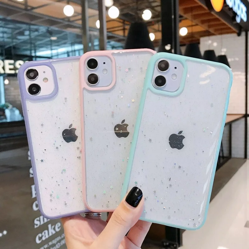 

Candy Color Transparent Phone Case For iPhone 11 12 Mini Pro Max XS X XR 7 8 6 6S Plus SE2020 Glitter Soft Shockproof Cover Capa