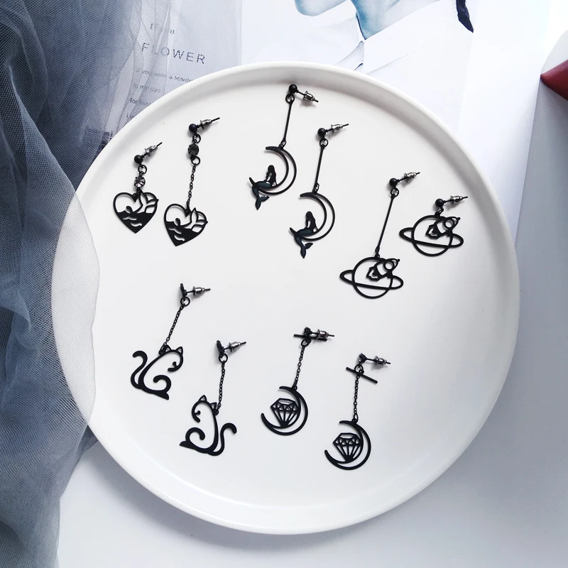 Timlee E208 новые оригинальные черные серьги подвески в виде кота Луны русалки ракеты
