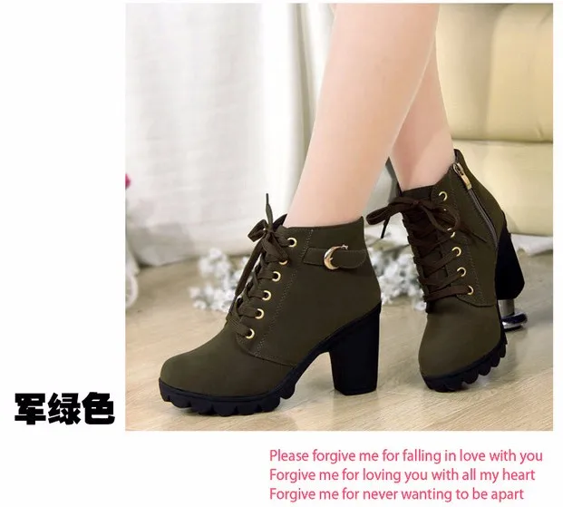 

New Autumn Winter Women Ankle Boots High Quality Solid Lace-up European Ladies Shoes PU Fashion High Heels Boots