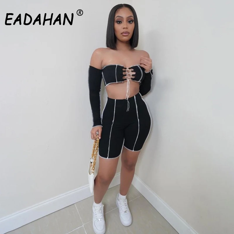 

EADAHAN European Style 2021 New Summer Women's Sexy Hollow Strap Shorts Casual Suit Two-piece Women Stitched Sleeves