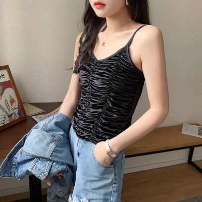 

Spaghetti Strap Summer Camis Tops Women Velvet Shirts Tops Casual Sexy Cropped Tops Solid Streetwear Sleeveless Seamless