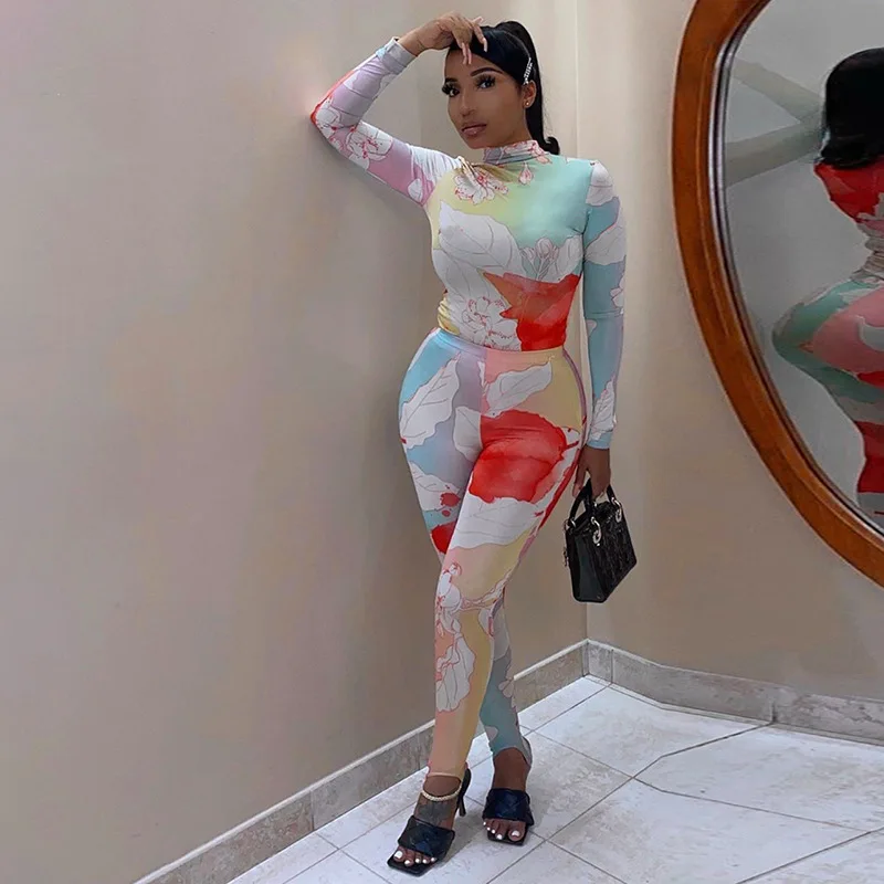

Floral Pattern Printed 2 Piece Women's Sets Spring 2021 New Fashion Long Sleeve Slim T-shirts + Casual Trousers Loungewear Suits